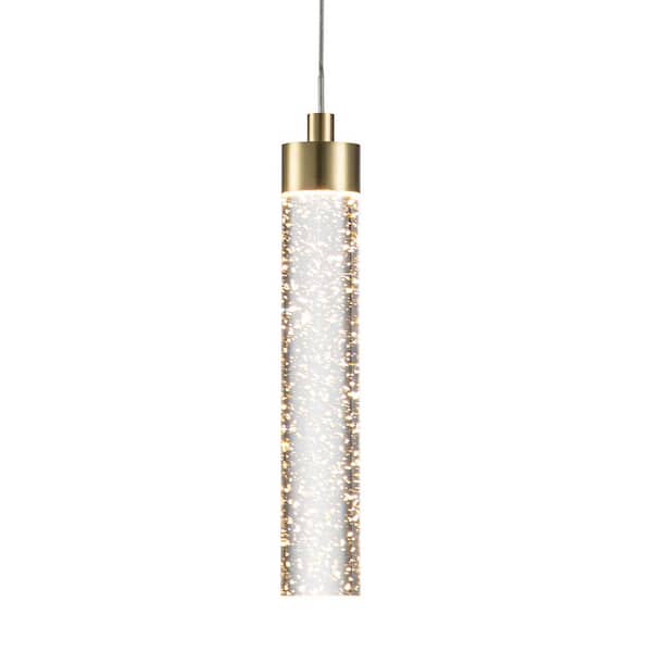 C Cattleya 75-Watt Integrated LED Antique Brass Hanging Pendant Light with Bubble Crystal Cylinder