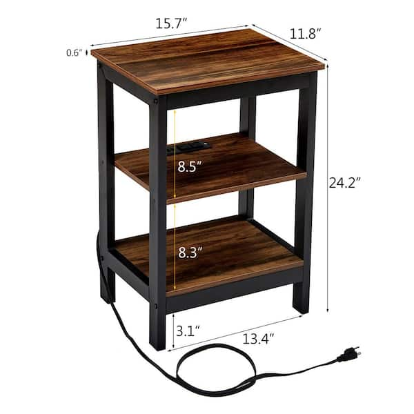 15.7 in. Side Tables with USB Charging Port, Brown 3-Tier Rectangle MDF End Tables, Nightstand Set of 2 for Small Spaces