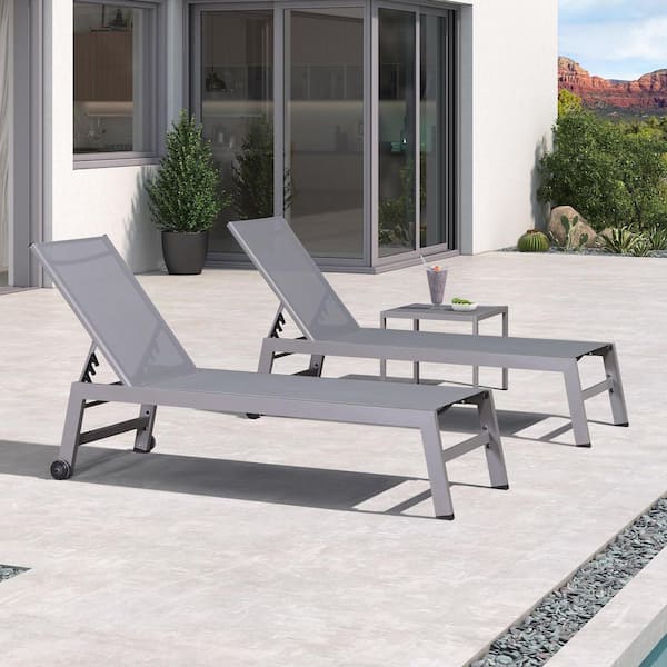 PURPLE LEAF Light Gray, 3-Pieces Aluminum Frame Outdoor Chaise Lounge Patio Lounge Chair with Side Table and Wheels, Gray