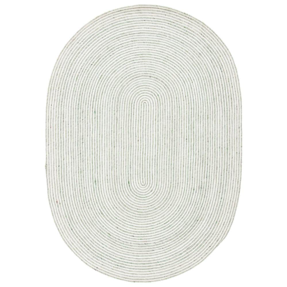 Ivory and Green Oval Braided Wool 4' x 6' Area Rug