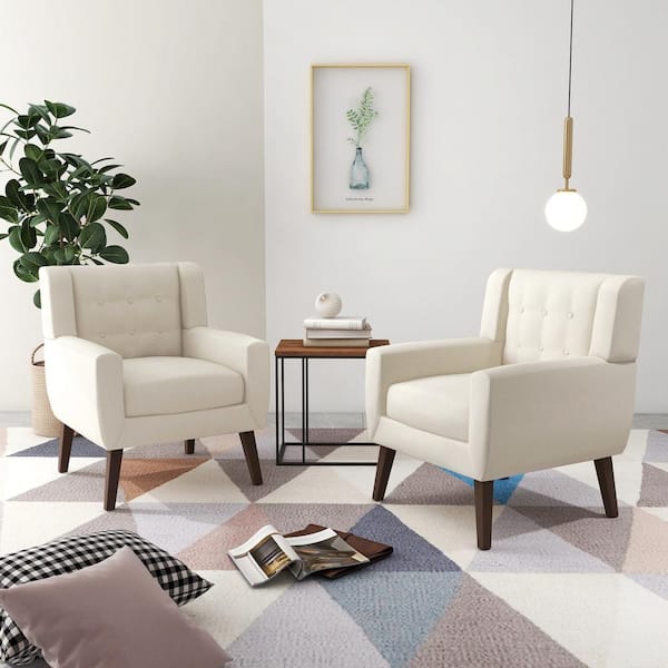 White Linen Arm Chair 2 with Tufted Cushions (Set of 2)