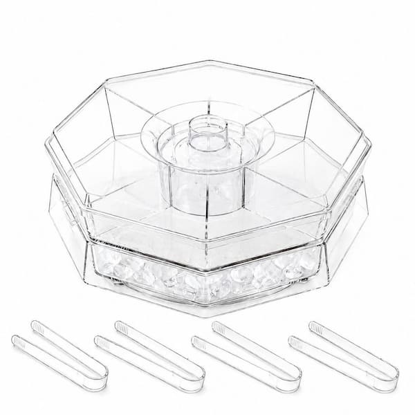 Transparent Plastic 5-Compartment Chilled Serving Tray with Lid for Shrimp Cocktail, Fruit and Salads