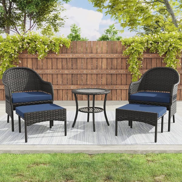 Tenleaf 5-Piece Wicker Patio Conversation Set Sofa Set with Blue Cushions, Ottomans and Side Table