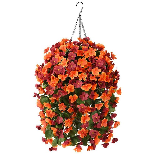 24.8 in. Orange Brown Artificial Hanging Begonia Flowers in Basket
