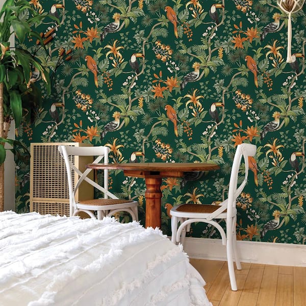 Rainforest Green Birds of Paradise Vinyl Peel and Stick Wallpaper Roll (Covers 56 sq. ft.)