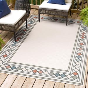 Sebastian Ivory/Beige Approximate Rug Size 3 ft. x 5 ft. High-Low Modern Diamond Border Indoor/Outdoor Area Rug