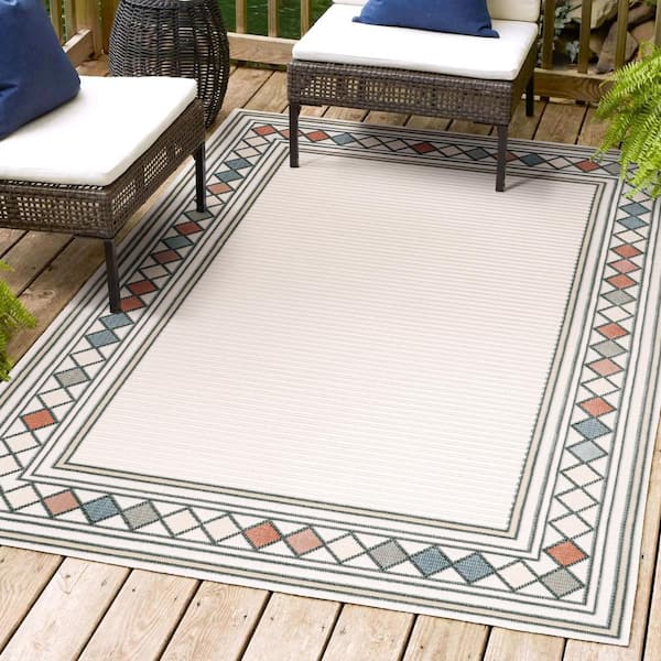 Sebastian Ivory/Beige Approximate Rug Size 3 ft. x 5 ft. High-Low Modern Diamond Border Indoor/Outdoor Area Rug