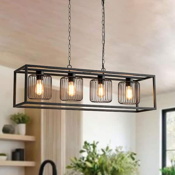 HUOKU Inspie 4-Light Matte Black Industrial Cage Chandelier - 43" Wide Rectangular Pendant Light for Kitchen Island