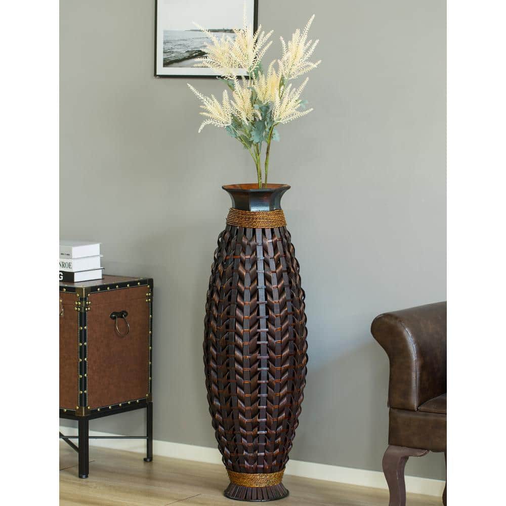 Tall Black Bamboo Floor Vase with Wicker Woven Design, 39 Inches High