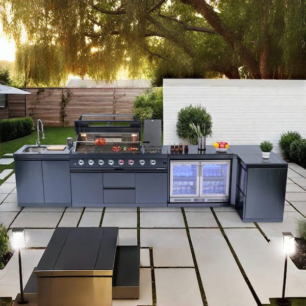 62-Inch 6-Burner 96000 BTU Stainless Steel Gas Grill with Wine Cooler, Rotisserie, Granite Countertops, Storage cabinet