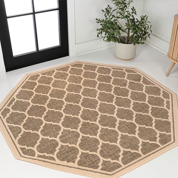 Trebol Moroccan Trellis Textured Weave Brown/Beige 5 ft. Octagon Indoor/Outdoor Area Rug