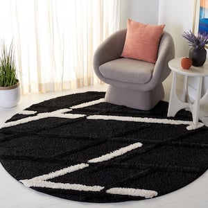 Hi-Lo Shag Charcoal/Ivory 7 ft. x 7 ft. Solid Color Striped Round Area Rug