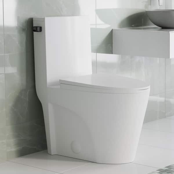 St. Tropez 1-piece 1.28 GPF Single Flush Elongated Toilet in. Glossy White with Black Hardware, Seat Included