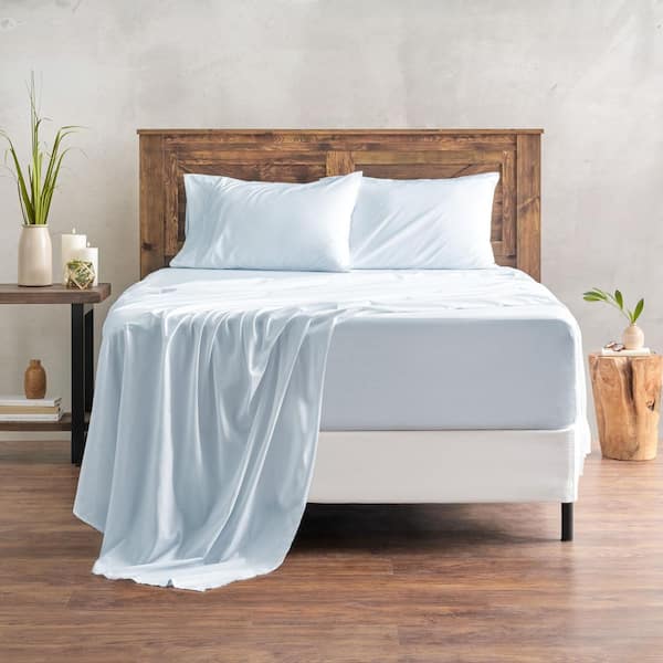 4-Piece Dusty Blue Solid Color Checkered Embossed Microfiber Bedsheets Set, King