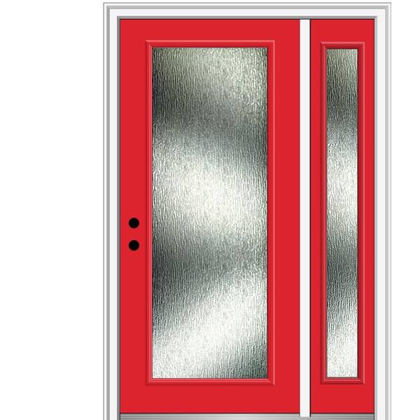 MMI Door Rain Glass 53 in. x 81.75 in. Right-Hand Full Lite Painted Red Saffron Fiberglass Prehung Front Door on 4-9/16 in. Frame