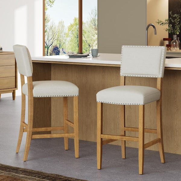 Mayfield 44.5 in. H Beige Wood Frame Bar Stools with Fabric Upholstered Seat and Back, Nailhead Trim, Set of 2