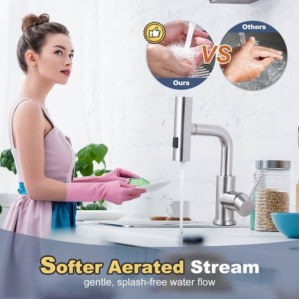 3 Modes Single Handle Stainless Steel Waterfall Bar Faucet with Pull Down Sprayer and Deckplate in Brushed Nickel