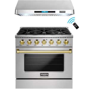 36 in. 900 CFM Ducted Under Cabinet Range Hood & 36 in. 5.2 cu. ft. Gas Range with Convection Oven, Gold Knobs & Handle