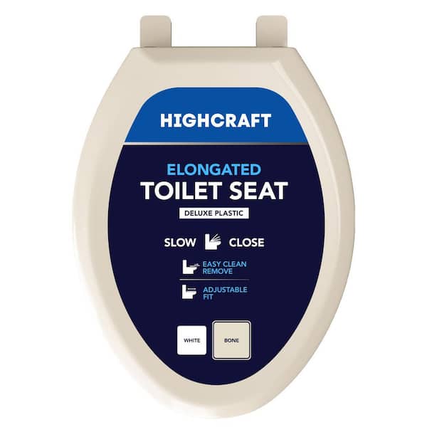 PLUMBFLEX Elongated Slow-Close Toilet Seat with Adjustable Hinges and Easy Removal in Bone Molded Plastic, Standard Size Fit