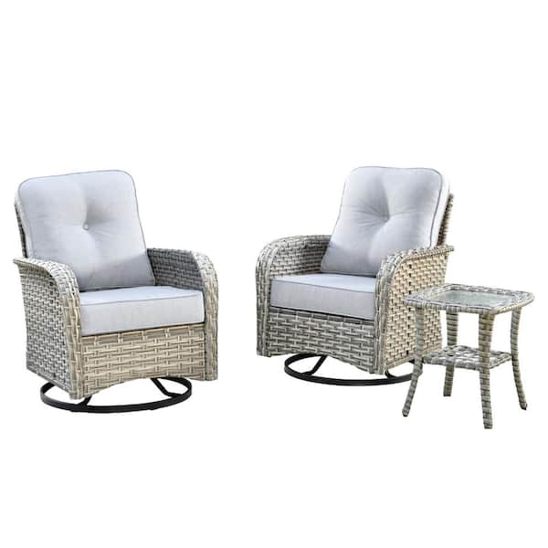 Beverly Gray 3-Piece Wicker Outdoor Patio Conversation Swivel Rocking Chair Seating Set with Light Gray Cushions