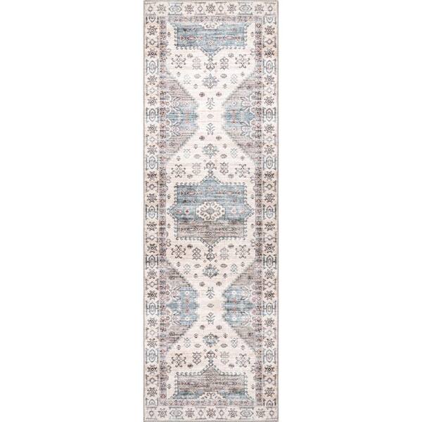 nuLOOM Emani Beige 3 ft. x 8 ft. Machine Washable Medallion Runner Area