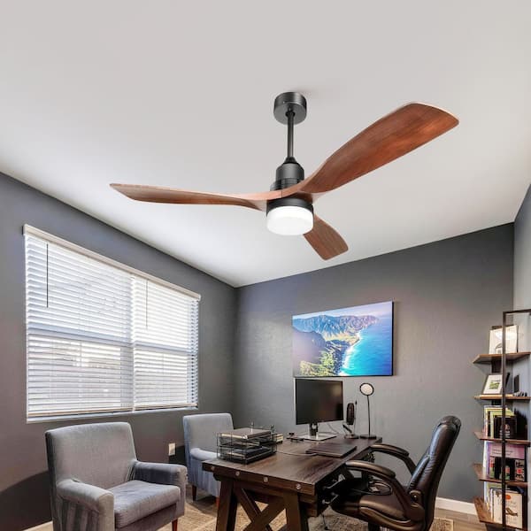 52 In. Indoor Black 3 Solid Wood Blades Integrated LED Ceiling Fan with Remote Control and Reversible DC Motor