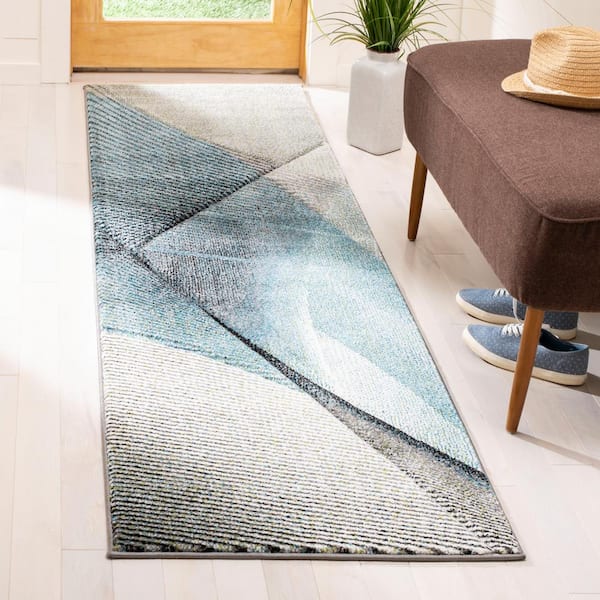 Hollywood 2 ft. x 18 ft. Gray/Teal Striped Abstract Runner Rug