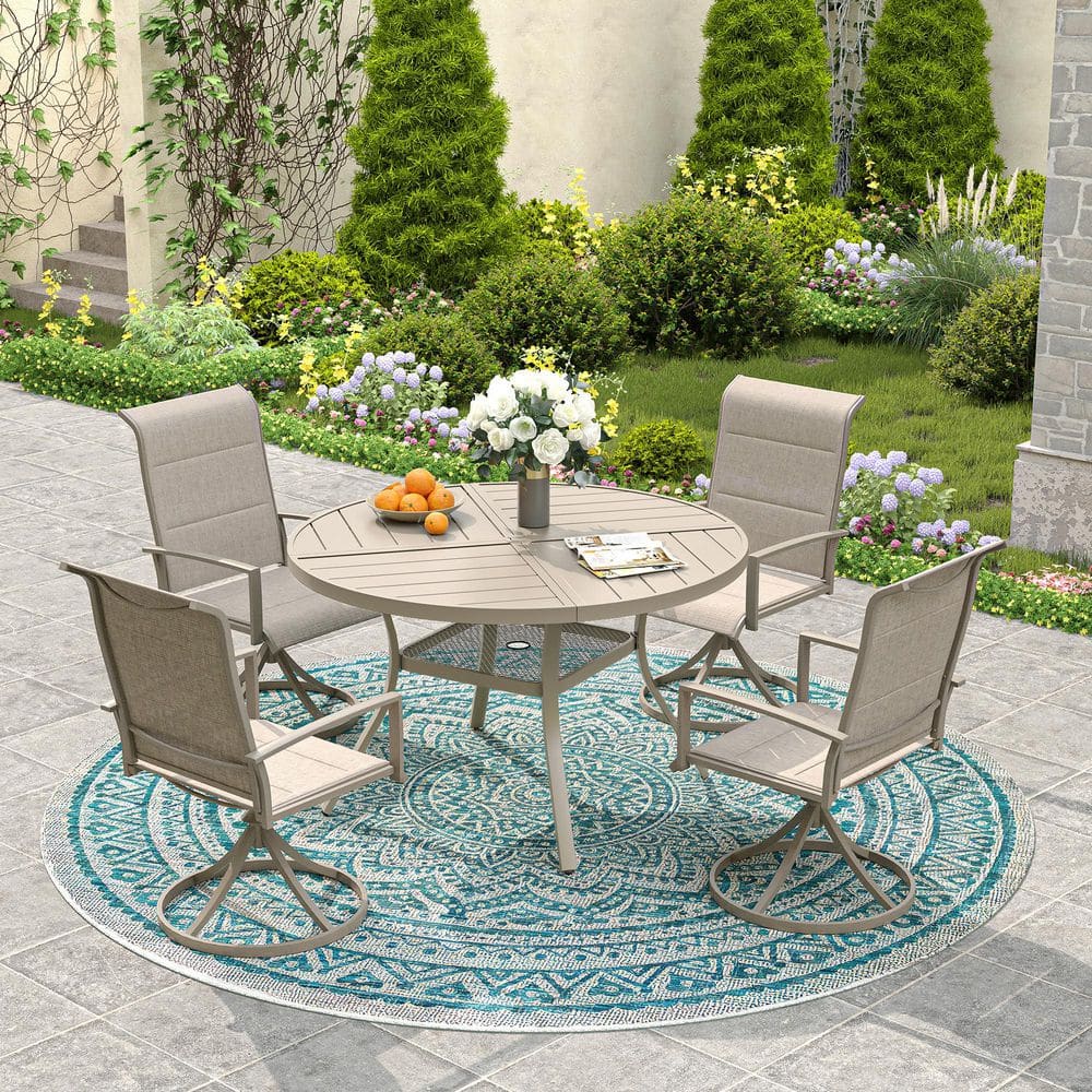 40 Sandshell Erovio 5-Piece Metal Outdoor Dining Set with 40.6 in. Sandshell Slatted ...