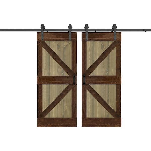 ISLIFE K Series 76 in. x 84 in. Aged Barrel/Kona Coffee Finished DIY Solid Wood Double Sliding Barn Door With Hardware Kit