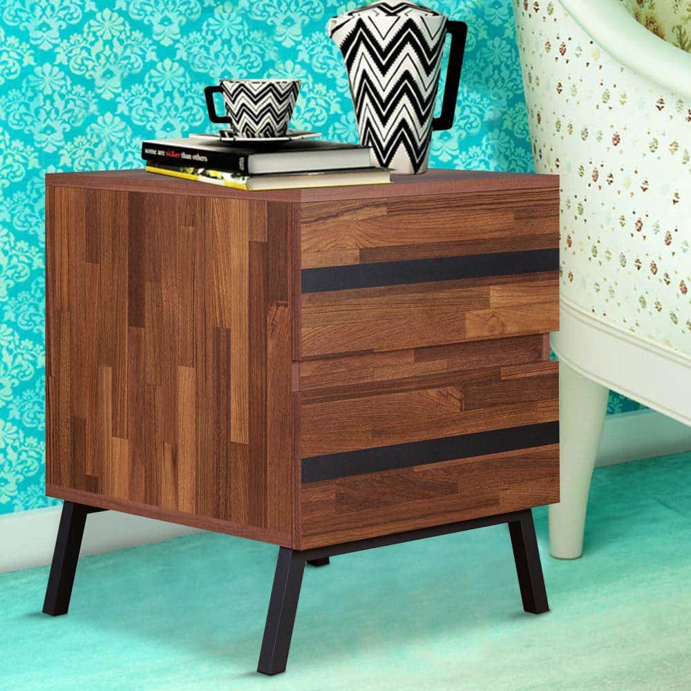Walnut Brown and Black Wood End Table with Metal Legs and Storage