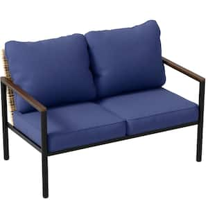 Black Metal Frame Brown Rattan Wicker Outdoor Patio Loveseat with Blue Cushions