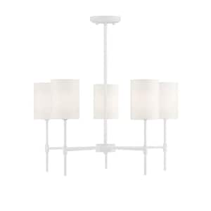 25 in. W x 15 in. H 5-Light Bisque White Chandelier with White Fabric Shades