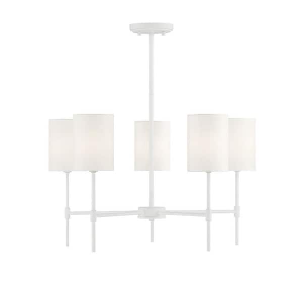 25 in. W x 15 in. H 5-Light Bisque White Chandelier with White Fabric Shades