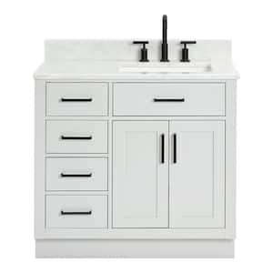 Hepburn 37 in. W x 22 in. D x 35.25 in. H Bath Vanity in Grey with Carrara Marble Vanity Top in White with White Basin