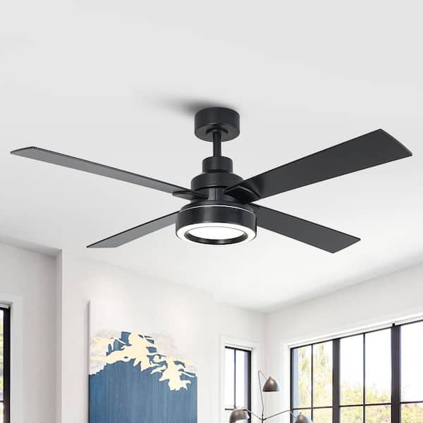 52 in. Indoor 4-Blade Modern Black Downrod Mount Standard Ceiling Fan with Integrated LED Light and Remote Control