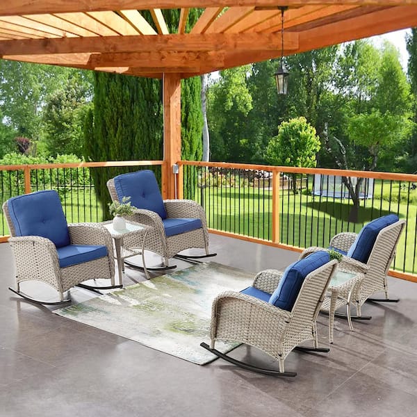 Light Beige 6-Piece Wicker Outdoor Rocking Chairs Patio Conversation Set with Navy Blue Cushions and Side Tables