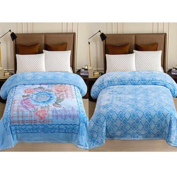 Crystal Blue 2 Ply A & B Design Embossed Polyester Fleece 87 in. x 94 in. Winter Bed Blanket, 10.5 lbs.