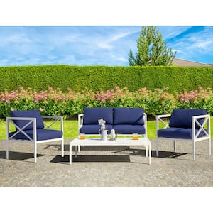 White 4-Piece Aluminum Outdoor Patio Conversation Sofa Seating Set with Dark Blue Cushions