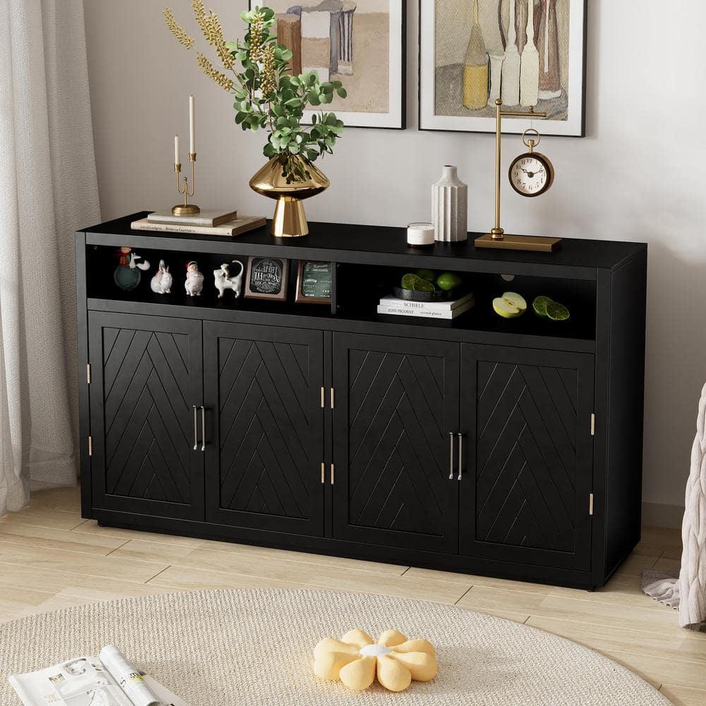 Black Wood 60 in. W Sideboard with Open Storage, Adjustable Shelves and Han