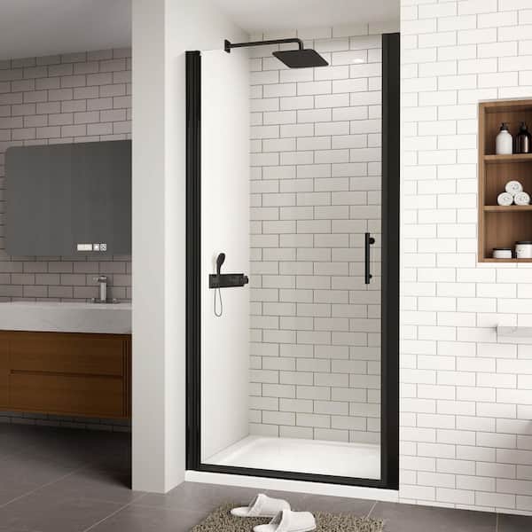 Modern 34 to 35-3/8 in. W x 72 in. H Pivot Frameless Shower Door in Matte Black Finish with 1/4 in. (6mm) Clear Glass