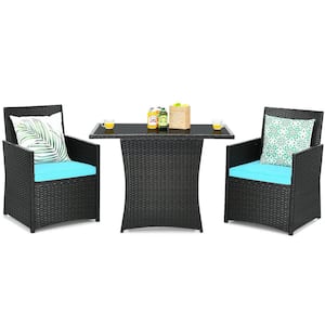 3-Piece Wicker Patio Conversation Set with Turquoise Cushions and Glass-top Table