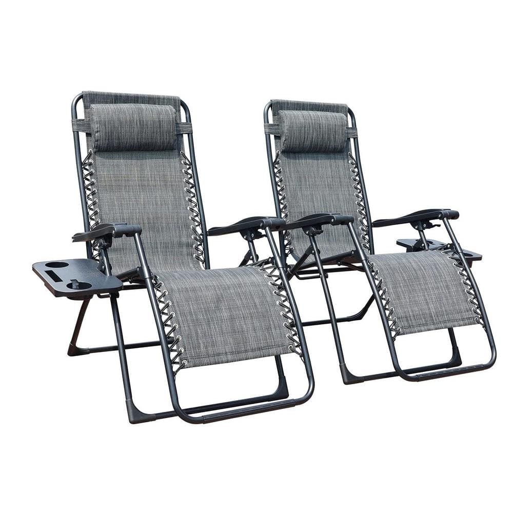 Black Aluminum Outdoor Folding Lawn Chaise Lounge with Gray Cushions and Si