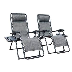Black Aluminum Outdoor Folding Lawn Chaise Lounge with Gray Cushions and Side Table (Set of 2)