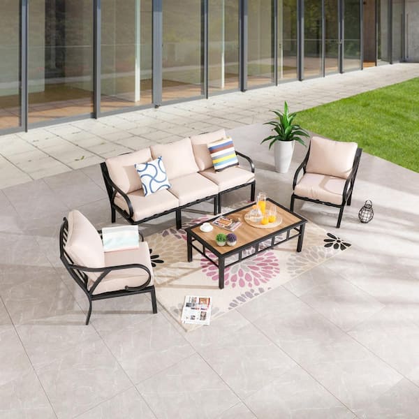 6-Piece Metal Outdoor Sectional Set with Beige Cushions