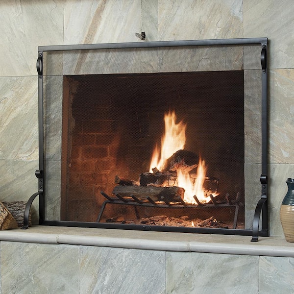 Black Wrought Iron 41 in. W Single-Panel Heavy Guage Sparkguard Fireplace Screen