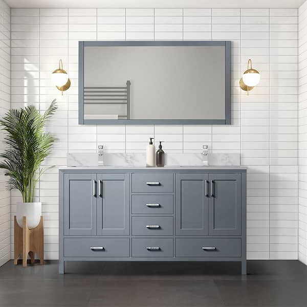 Lexora Jacques 72 in. W x 22 in. D Dark Grey Double Bath Vanity, Carrara Marble Top, Faucet Set, and 70 in. Mirror