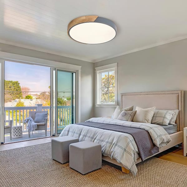 Lumin 15.8 in. 1-Light Wood and Gray Dimmable Integrated LED Flush Mount for Bedroom Kitchen Dining Room (3000K)
