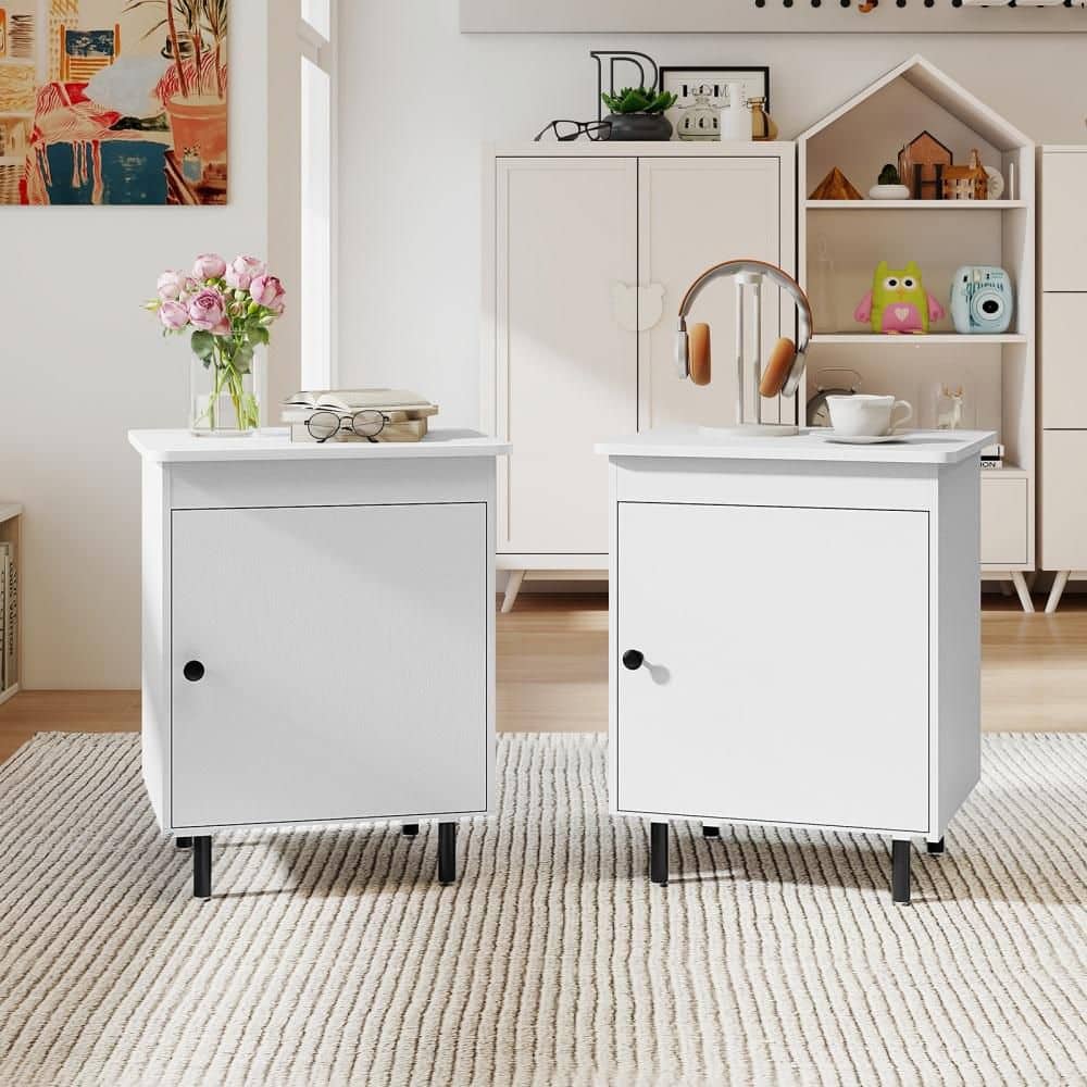 2PCS Nightstand Mid Century Modern End Table w/Door Heavy-Duty Metal Legs