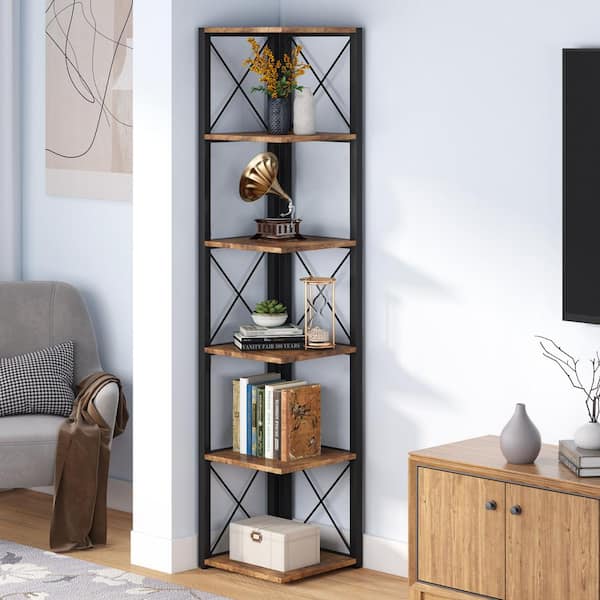 Jannelly 70.8 in. Rustic Brown Wood and Black Metal Frame 6 Tier Radia