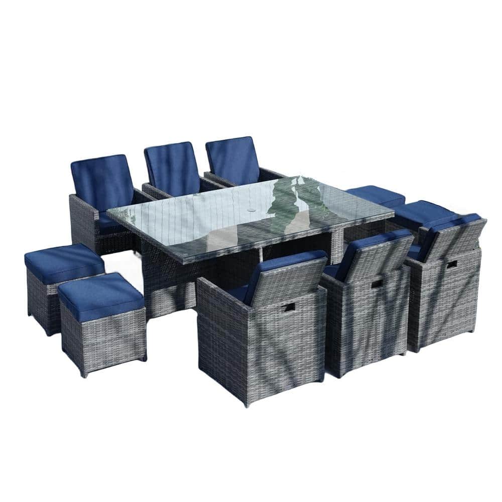 Rope Grey 11-Piece Wicker Rectangle Outdoor Dining Set with Dark Blue Cushions price history on PriceWatchPro